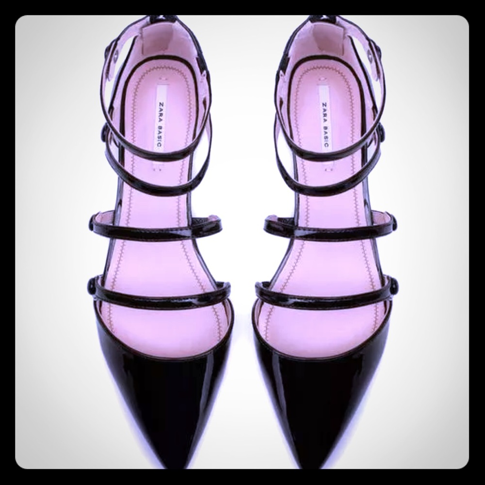 Zara black leather patent flats sexy straps 7, 37